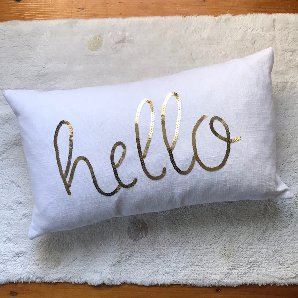 Indaba Trading 100% cotton decorative Throw Pillow Hello in gold sequins